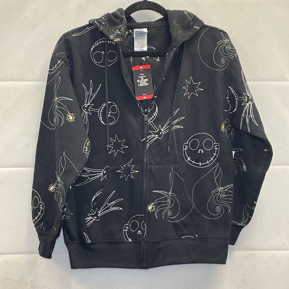 NEW! Disney NBC Jack & Zero, Zip Up Hoodie Size XS, Black, Outline AOP, Freeze